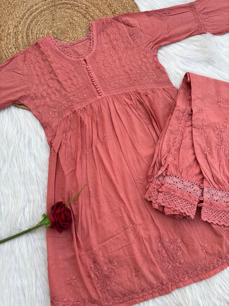 Laila Dobby Cotton Frock Style Short Kurti with Afghani Pant - Peach Color