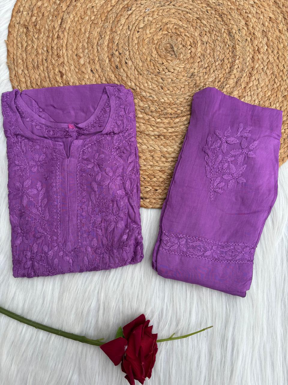 Nadia Muslin Lucknowi Chikankari Kurti Pant Set - Purple Color