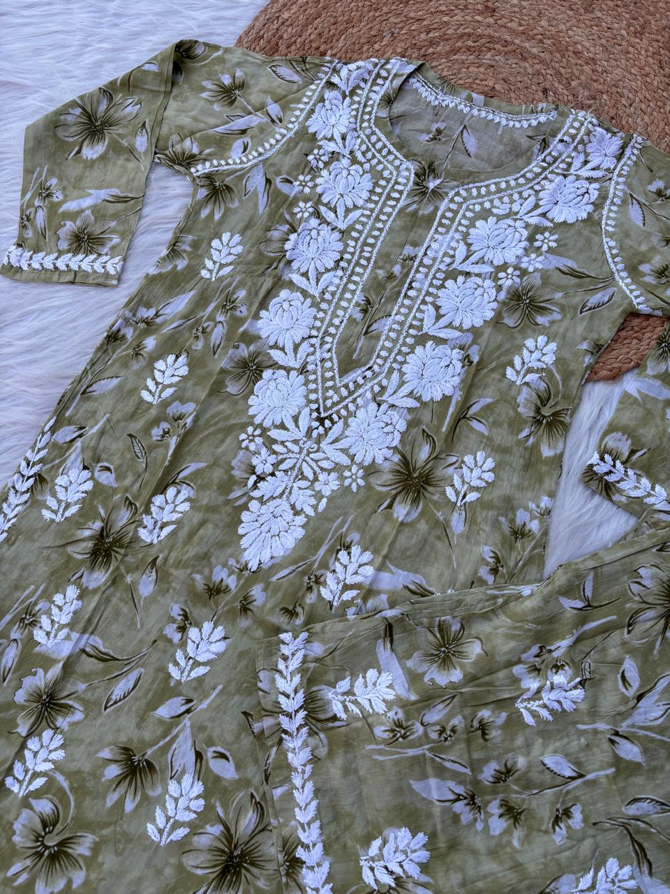 Shazia Mulmul Cotton Chikankari Kurti Set - Dark Green Colour