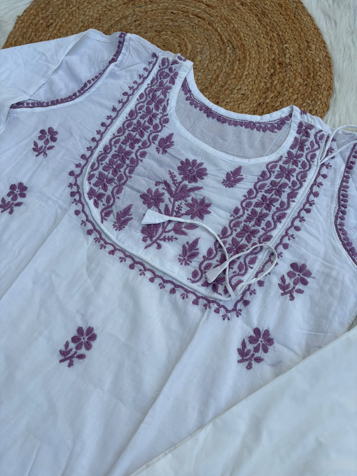 Heer Plus Size Cotton Handwork Chikankari Kurti Set - White Purple