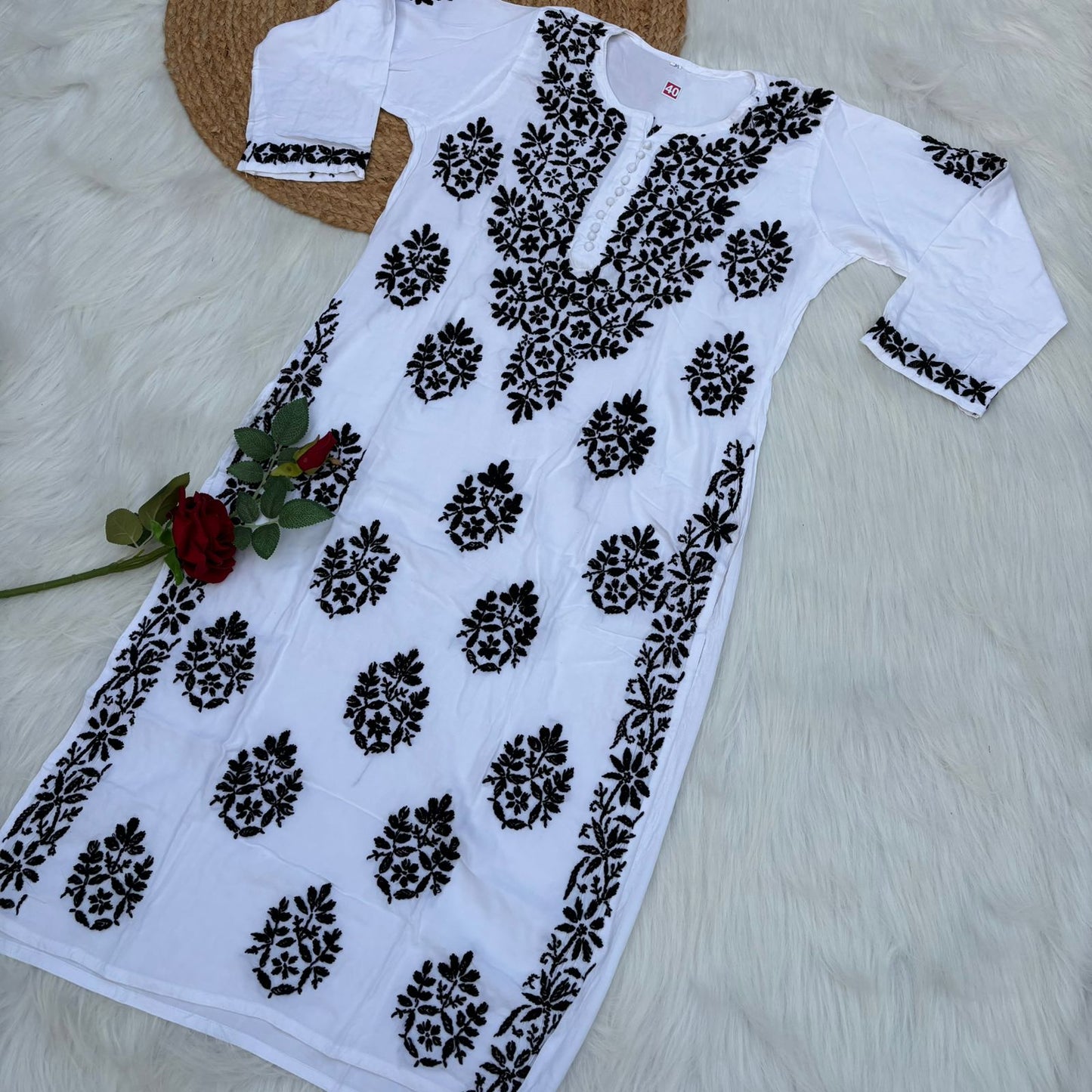 Amira Soft Rayon Chikankari Kurti - Black  on White Color