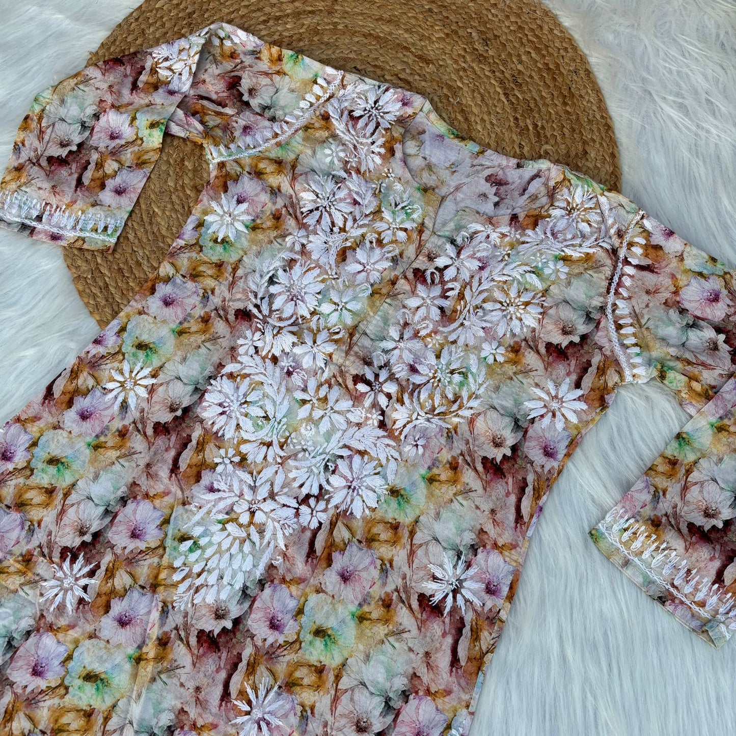 Fiza Pure Cotton Floral Lucknowi Chikankari Kurti - Yellow Colour