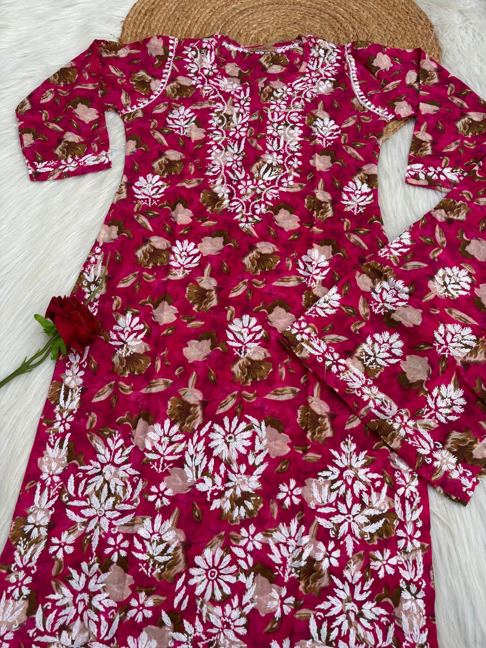 Elena Mulmul Cotton Handwork Chikankari Kurti Set - Rani Colour