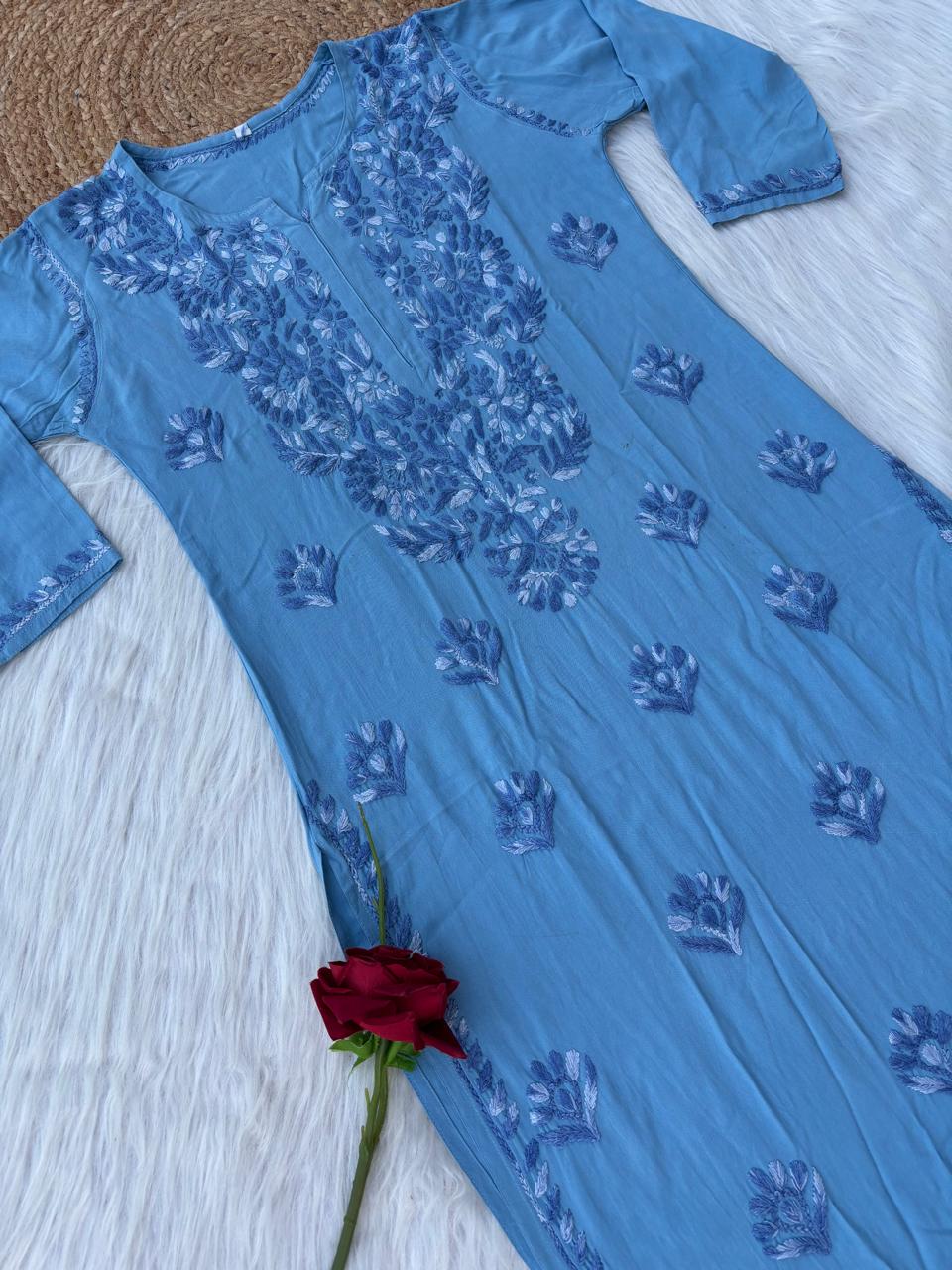 Roohi Rayon Tone To Tone Lucknowi Handwork Chikankari Kurti - Blue Color