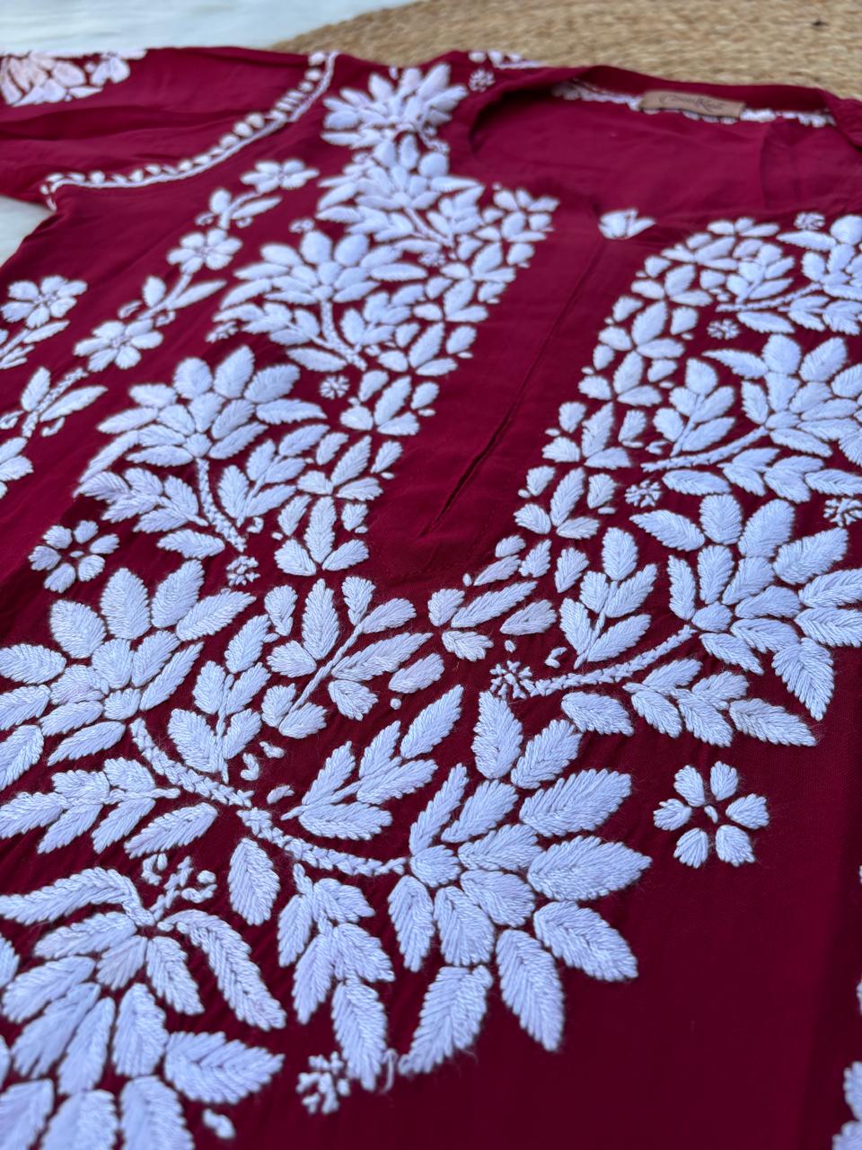 Samara Rayon Handwork Chikankari Kurti Plazo Set - Maroon Colour