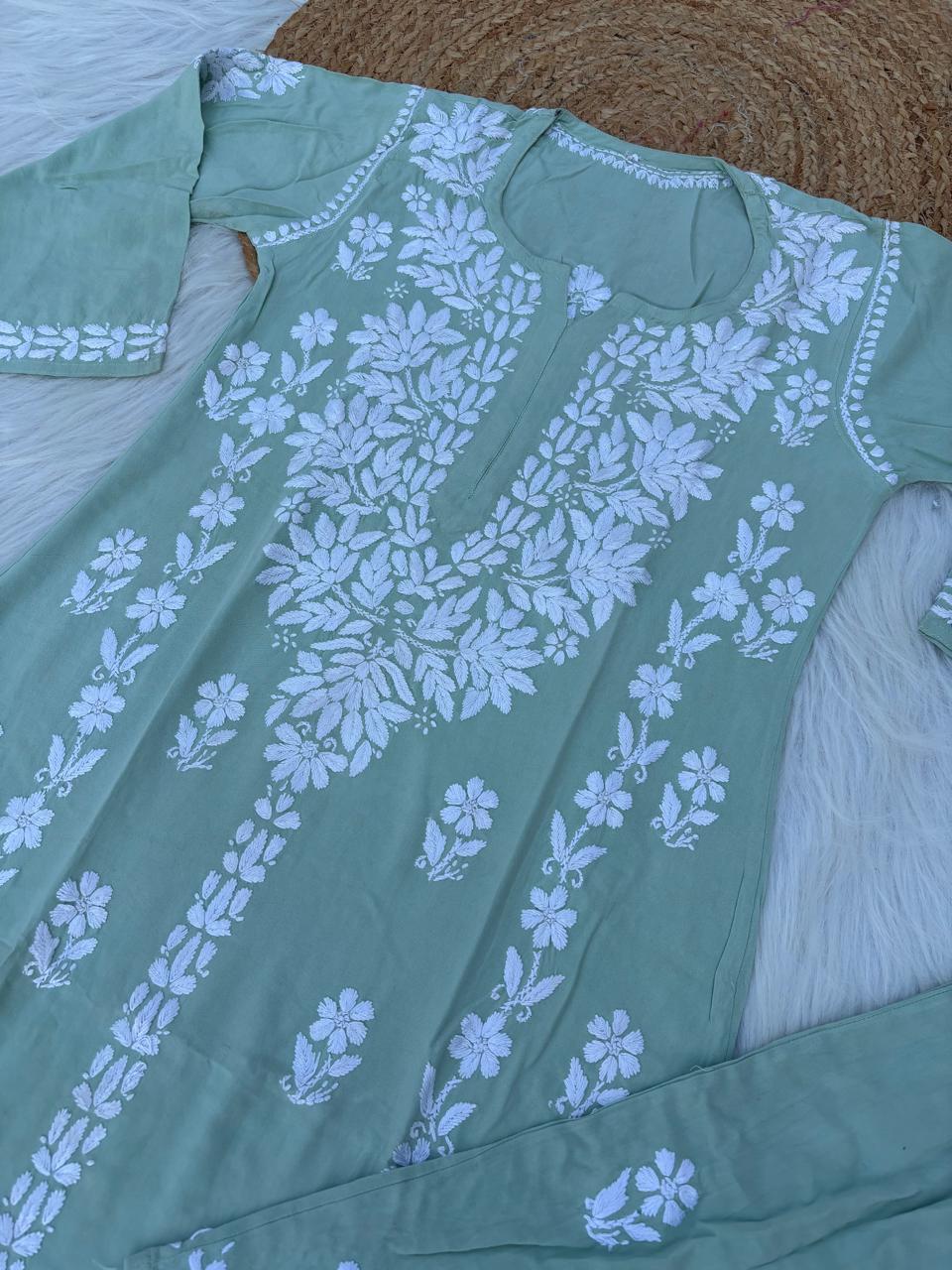 Samara Rayon Handwork Chikankari Kurti Plazo Set - Pista Green Colour