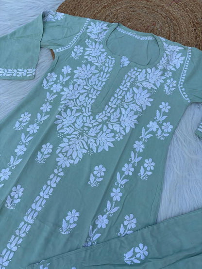 Samara Rayon Handwork Chikankari Kurti Plazo Set - Pista Green Colour