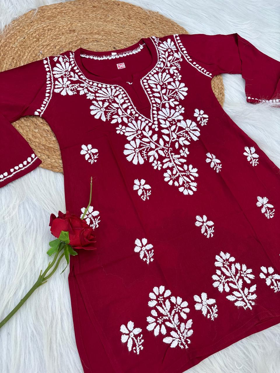 Ina Soft Rayon Handwork Chikankari Short Kurti - Maroon Colour