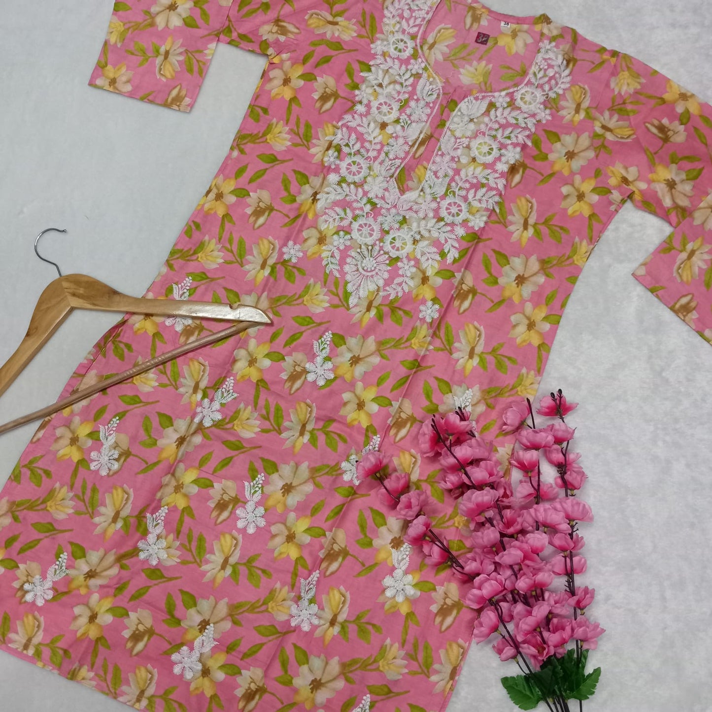 Mulmul Cotton Chikankari Machine Work Kurti -  Pink Colour