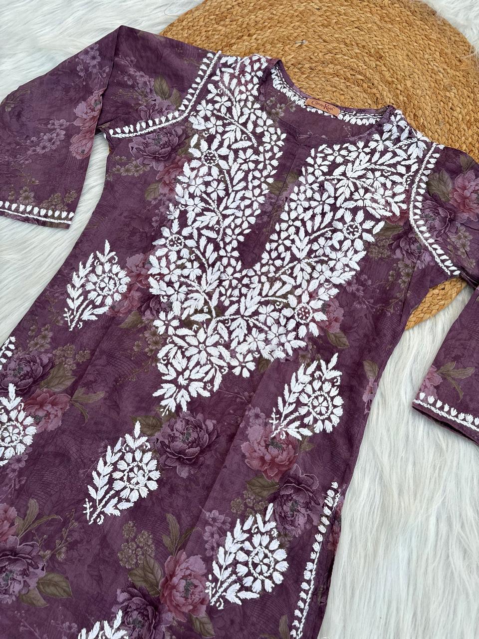 Zaina Pure Mulmul Chikankari Handwork Kurti - Purple Colour