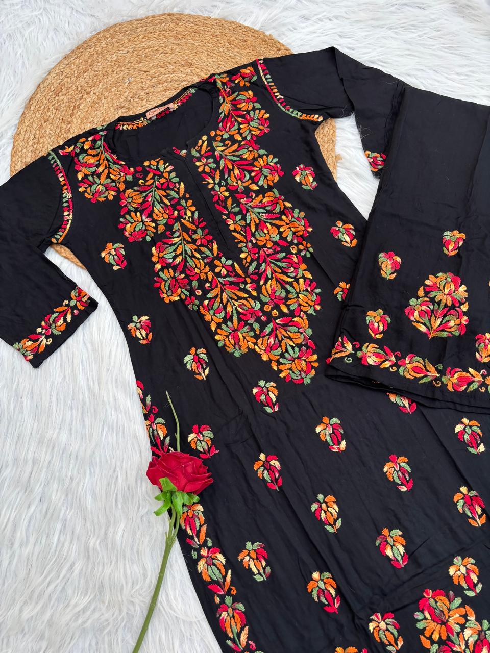 Rawa Soft Rayon Multi Handwork Chikankari Kurti Plazo Set - Multi Colour