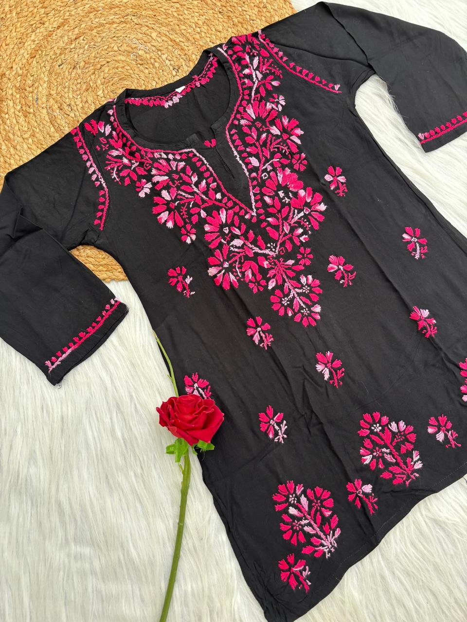 Mahek Soft Rayon Handwork Chikankari Short Kurti- Pink Colour