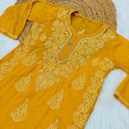 Stone Work Georgette Chikankari Kurti -Mustard Colour - Chikankaar