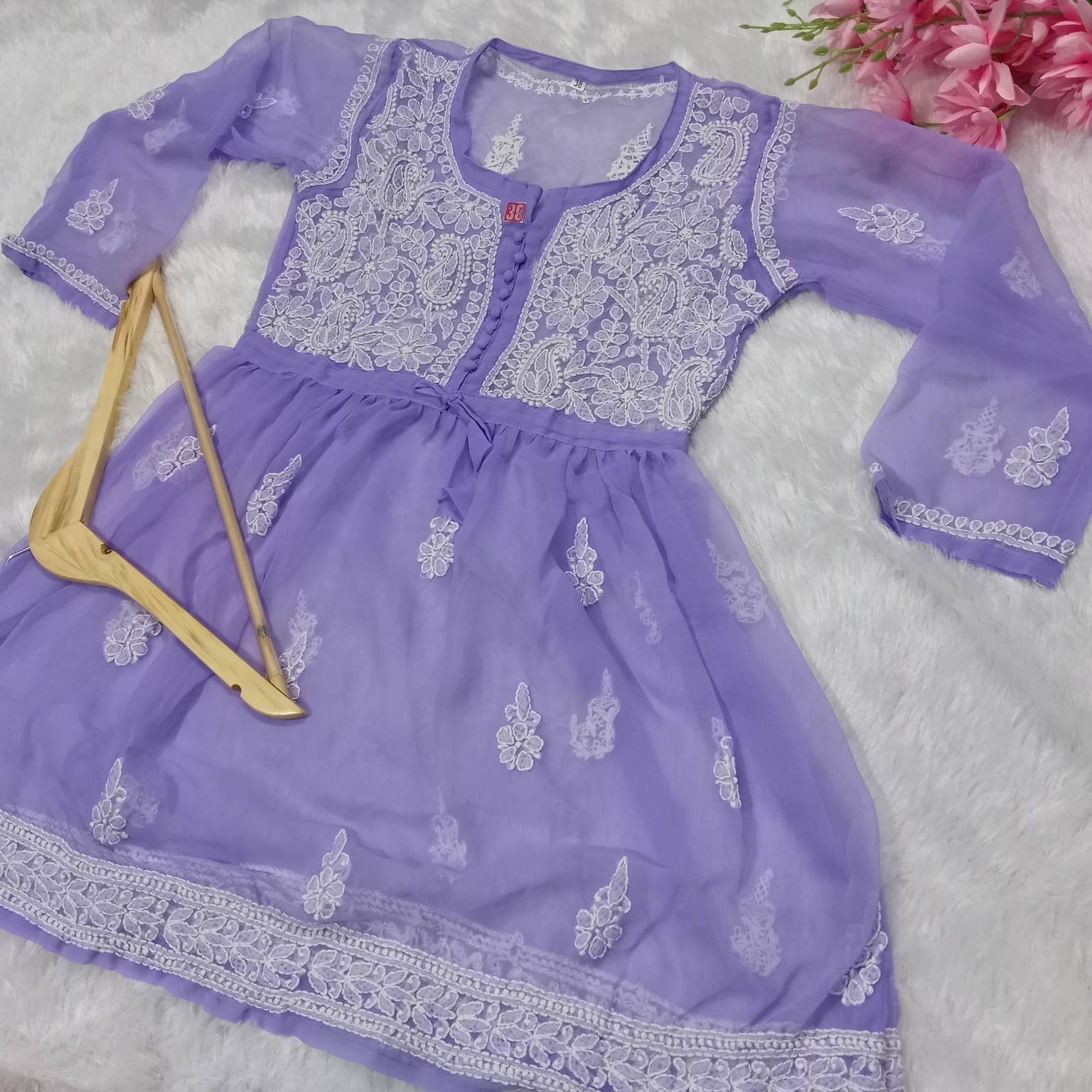 CHIKANKARI GEORGETTE SHORT GOWN WITH DORI PURPLE COLOUR - chikankaar