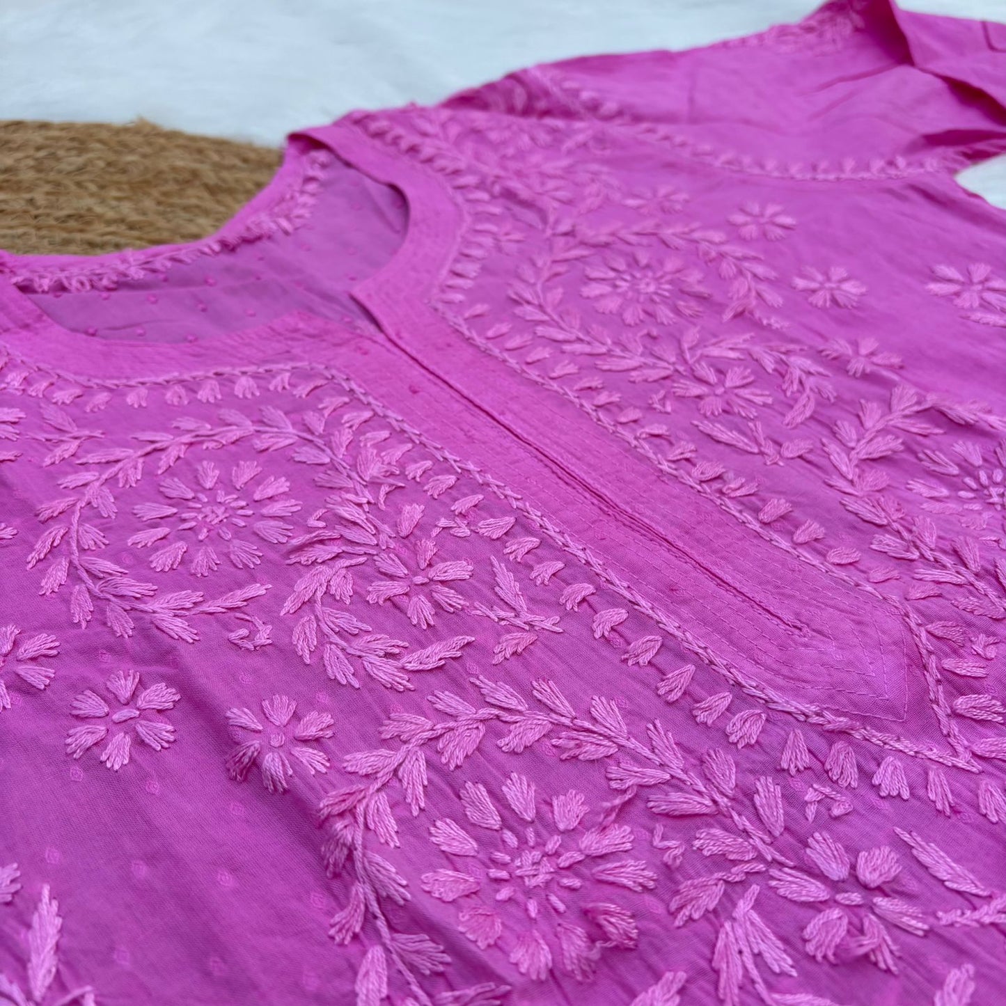 Tuba Ombre Shaded Dobby Cotton Chikankari Kurti - Pink Colour
