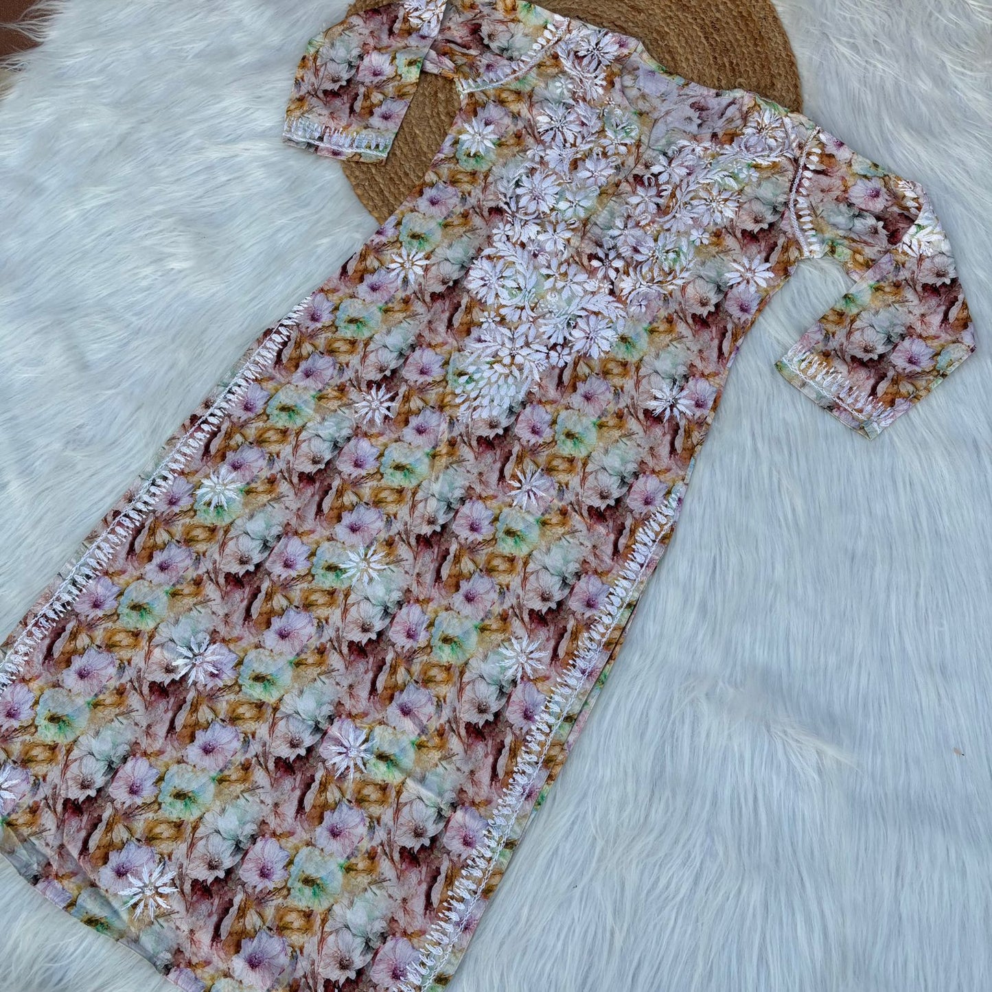 Fiza Pure Cotton Floral Lucknowi Chikankari Kurti - Yellow Colour