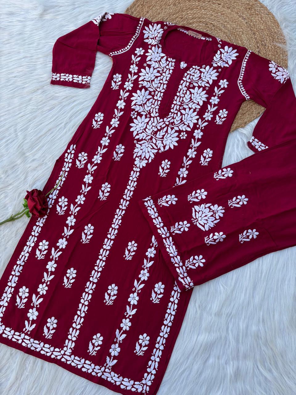 Samara Rayon Handwork Chikankari Kurti Plazo Set - Maroon Colour