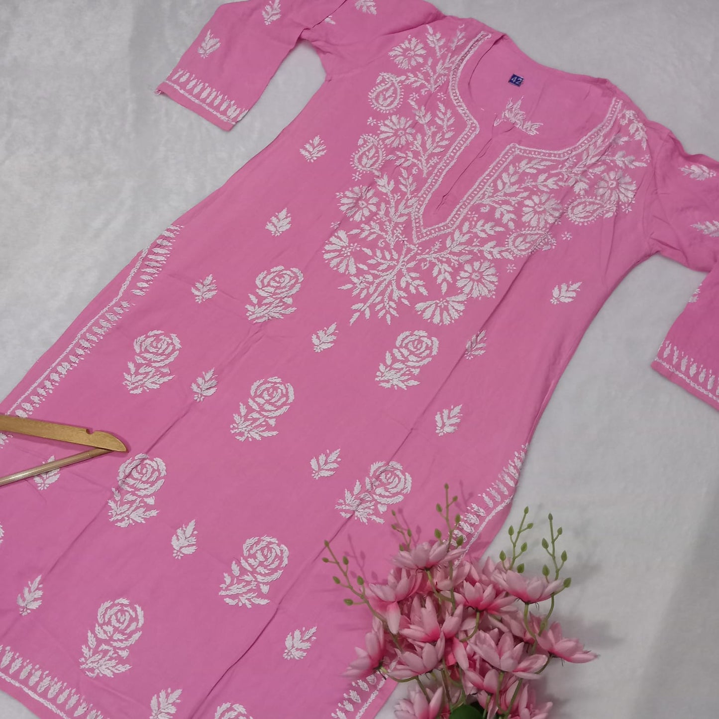 Pure Rayon Chikankari Kurti -  Pink Colour