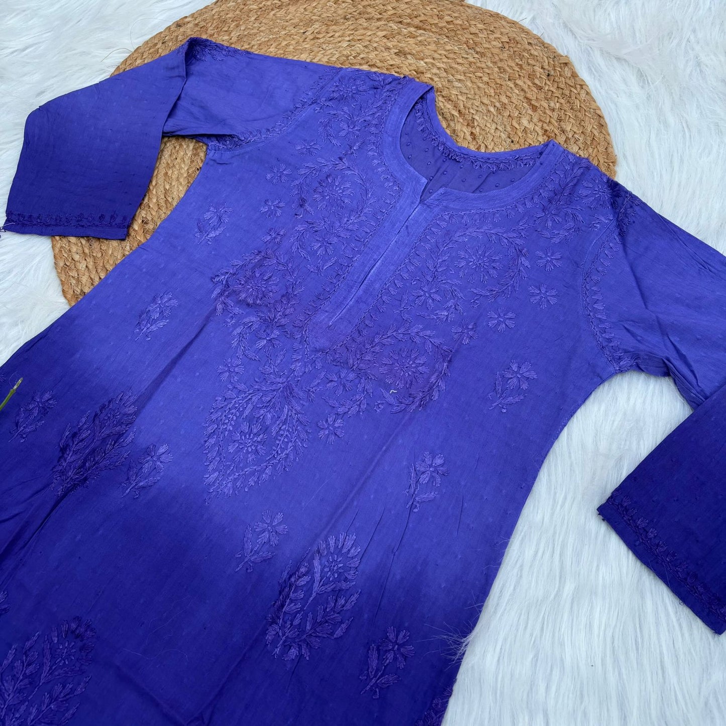 Tuba Ombre Shaded Dobby Cotton Chikankari Kurti - Purple Colour