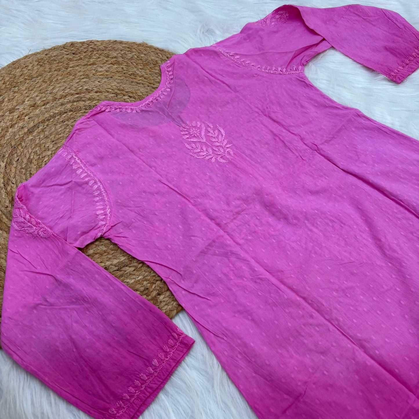 Tuba Ombre Shaded Dobby Cotton Chikankari Kurti - Pink Colour