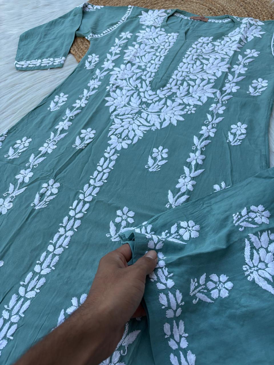 Samara Rayon Handwork Chikankari Kurti Plazo Set - Sea Green Colour