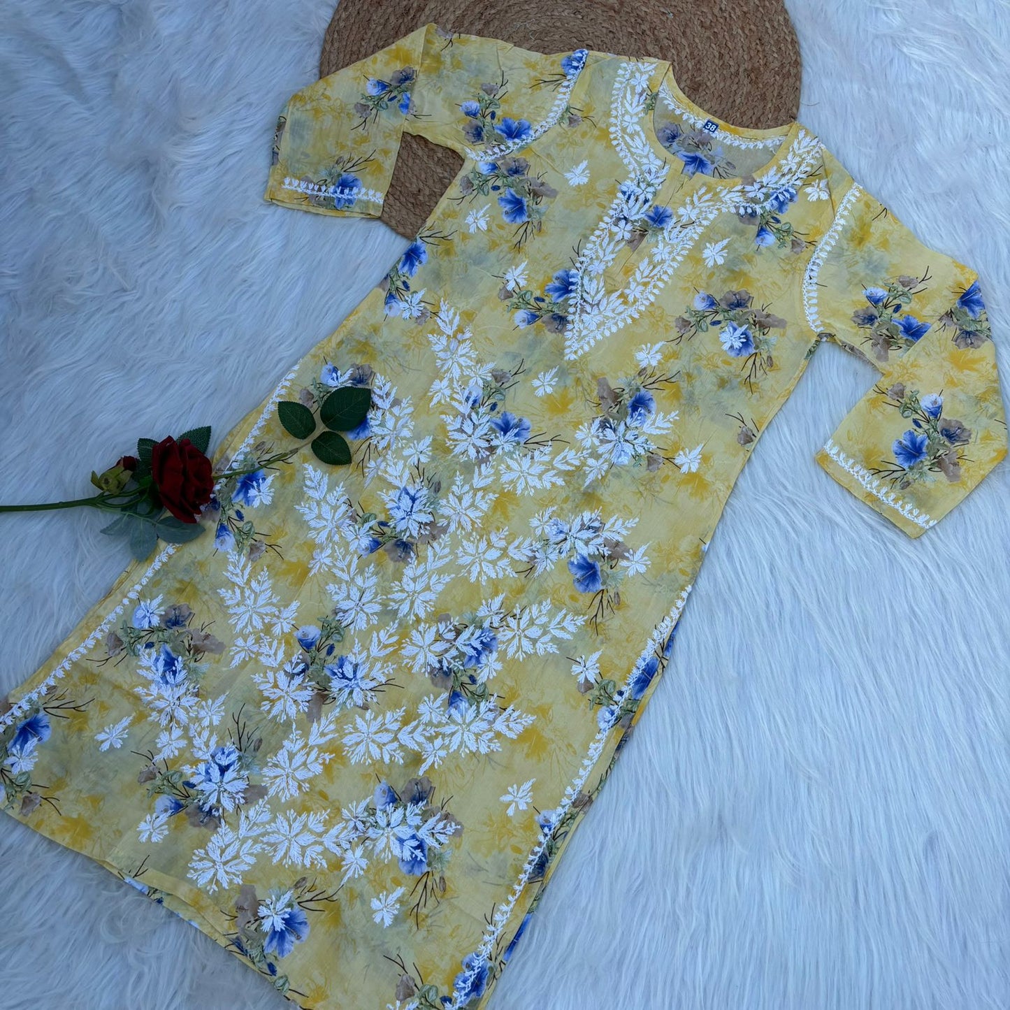 Rasha Pure Mulmul Chikankari Kurti - Yellow Colour