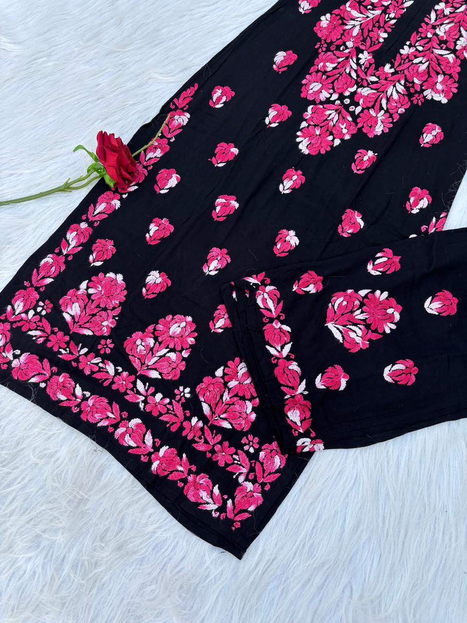 Rida Rayon Handwork Chikankari Kurti Set - Pink Colour