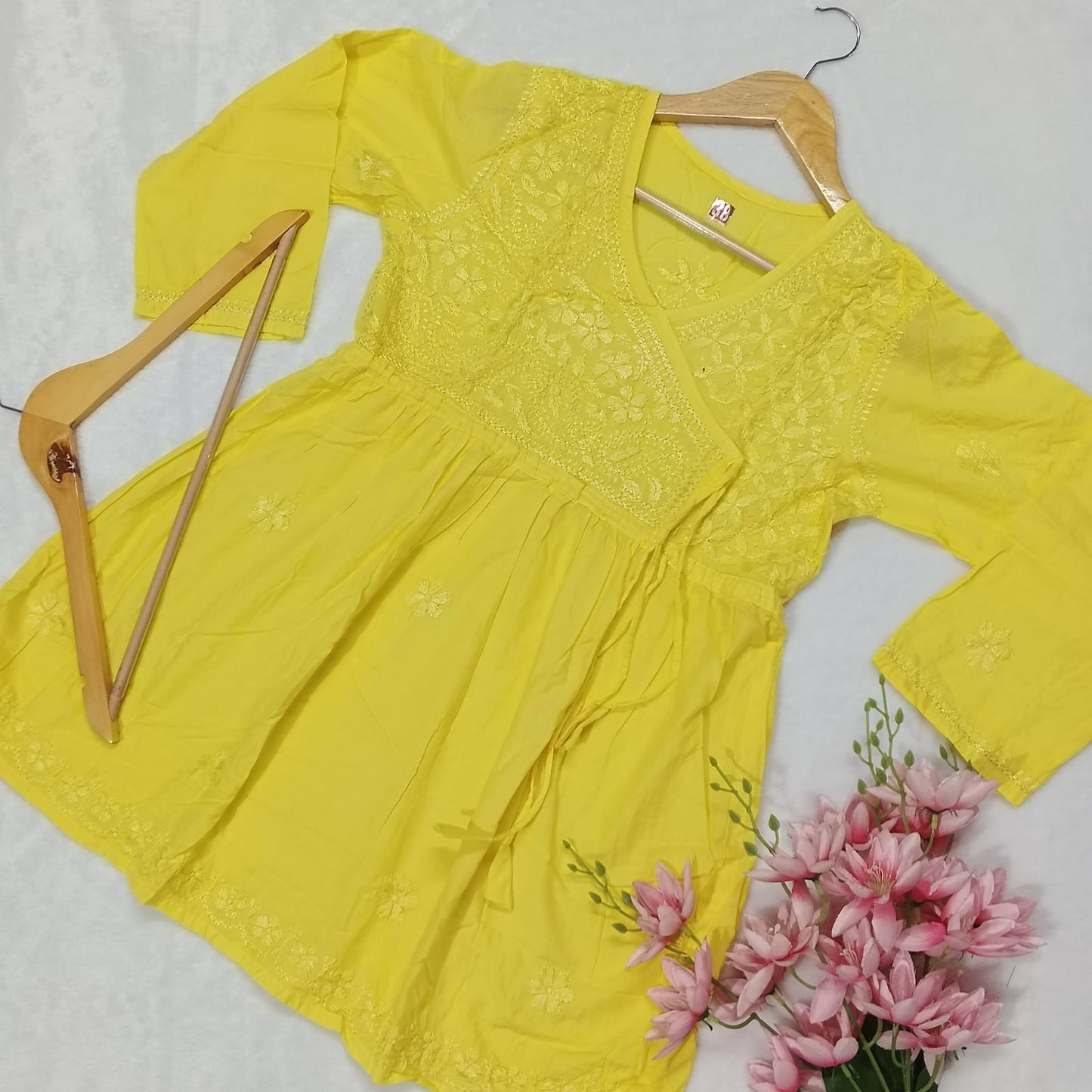 DOBBY COTTON CHIKANKARI 
SHORT ANGARAKHA GOWN - YELLOW COLOUR - chikankaar