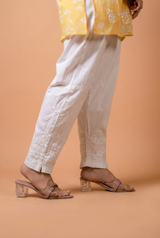 Sophia Pure Cotton Lycra Handwork Chikankari Pant- White