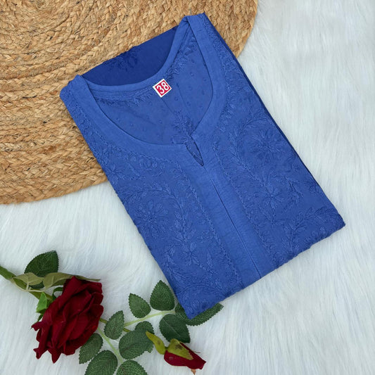 Tuba Ombre Shaded Dobby Cotton Chikankari Kurti - Royal Blue Colour