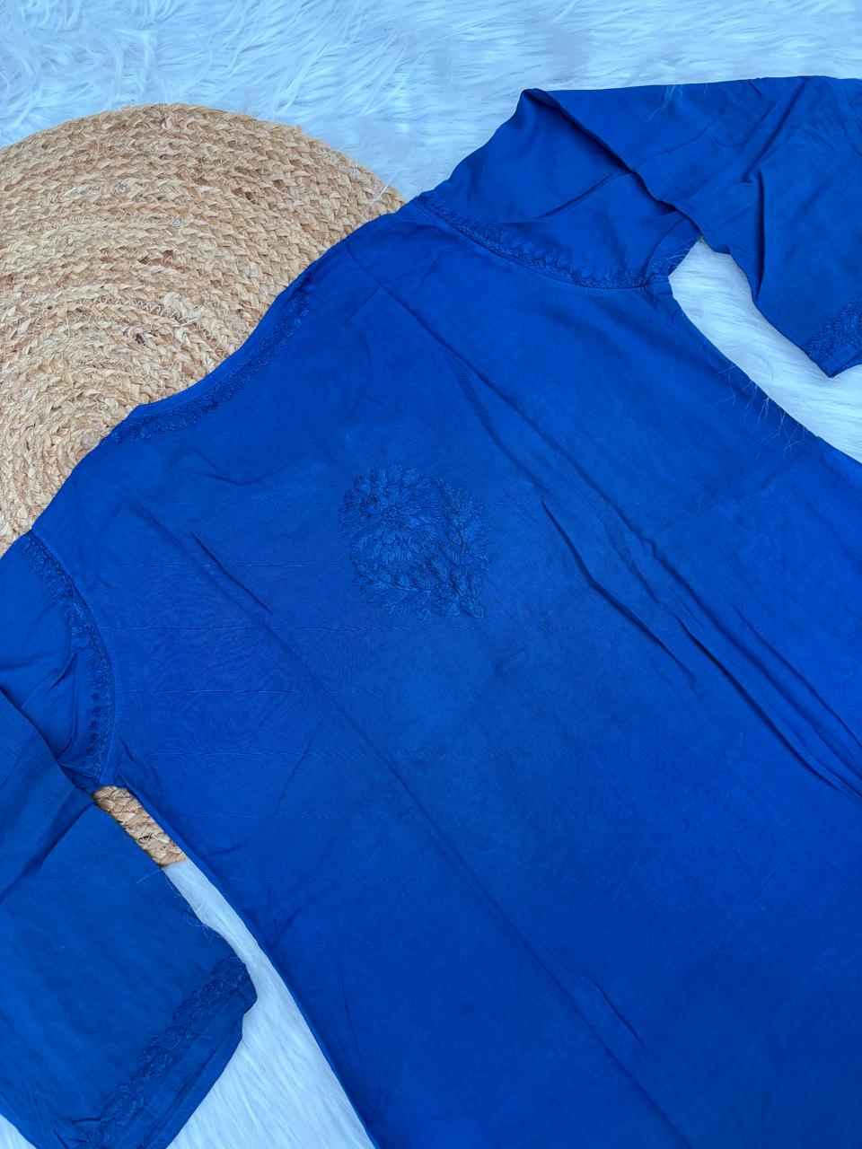 Rabab Dyeable Soft Rayon Handwork Chikankari Kurti - Blue Colour