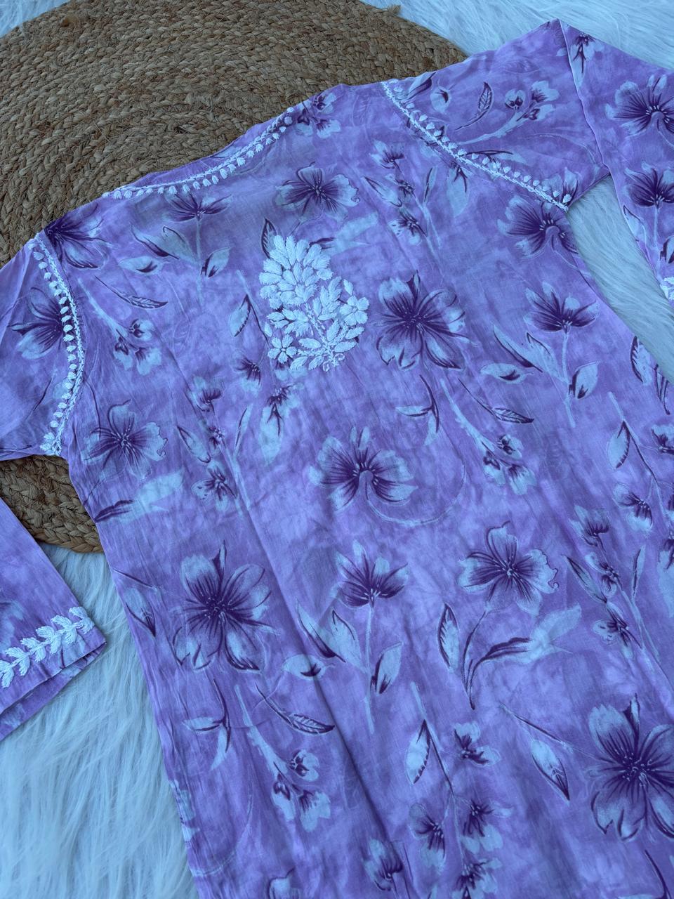 Shazia Mulmul Cotton Chikankari Kurti Set - Purple Colour