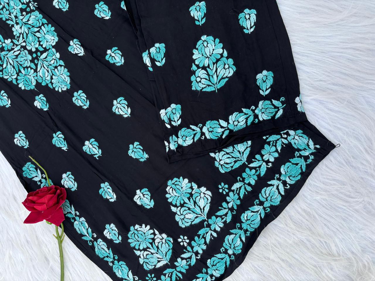 Rida Rayon Handwork Chikankari Kurti Set- Sea Green Colour