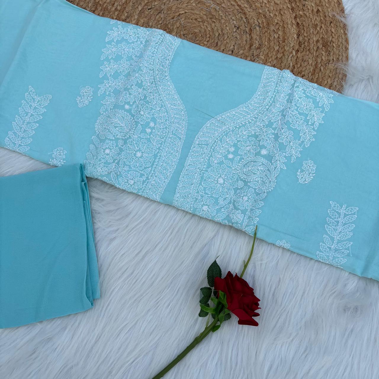 Madhuri Voile Cotton Chikankari Unstitched 3 pc set - Blue Colour