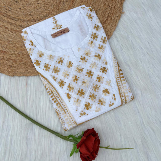 Zoya Cotton Lucknowi Chikankari Kurti - Mustard Color