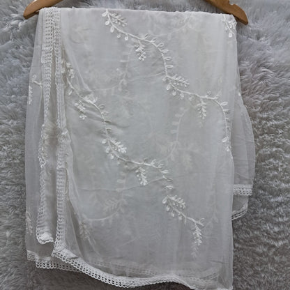 Chiffon Chikankari Dupatta With Qureshia  Lace - White Color