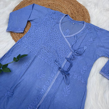 Shazia Ombre Shaded Dobby Cotton Chikankari Angarakha - Ocean Blue Colour