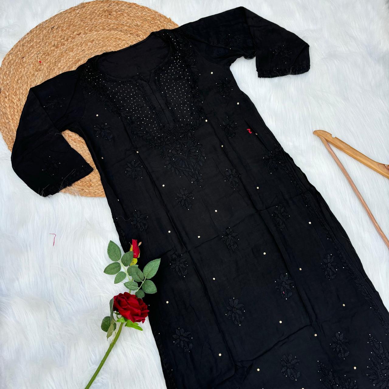 Rakul Preet Inspired Chikankari Muslin Kurti with Mukaish Work - Black Colour