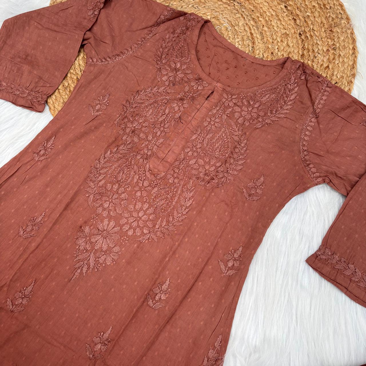 Nuha Dobby cotton Ombre shaded Lucknowi Chikankari Kurti Plazo Set - Brown Colour