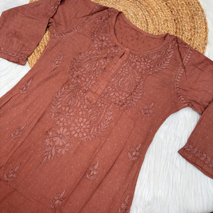 Nuha Dobby cotton Ombre shaded Lucknowi Chikankari Kurti Plazo Set - Brown Colour