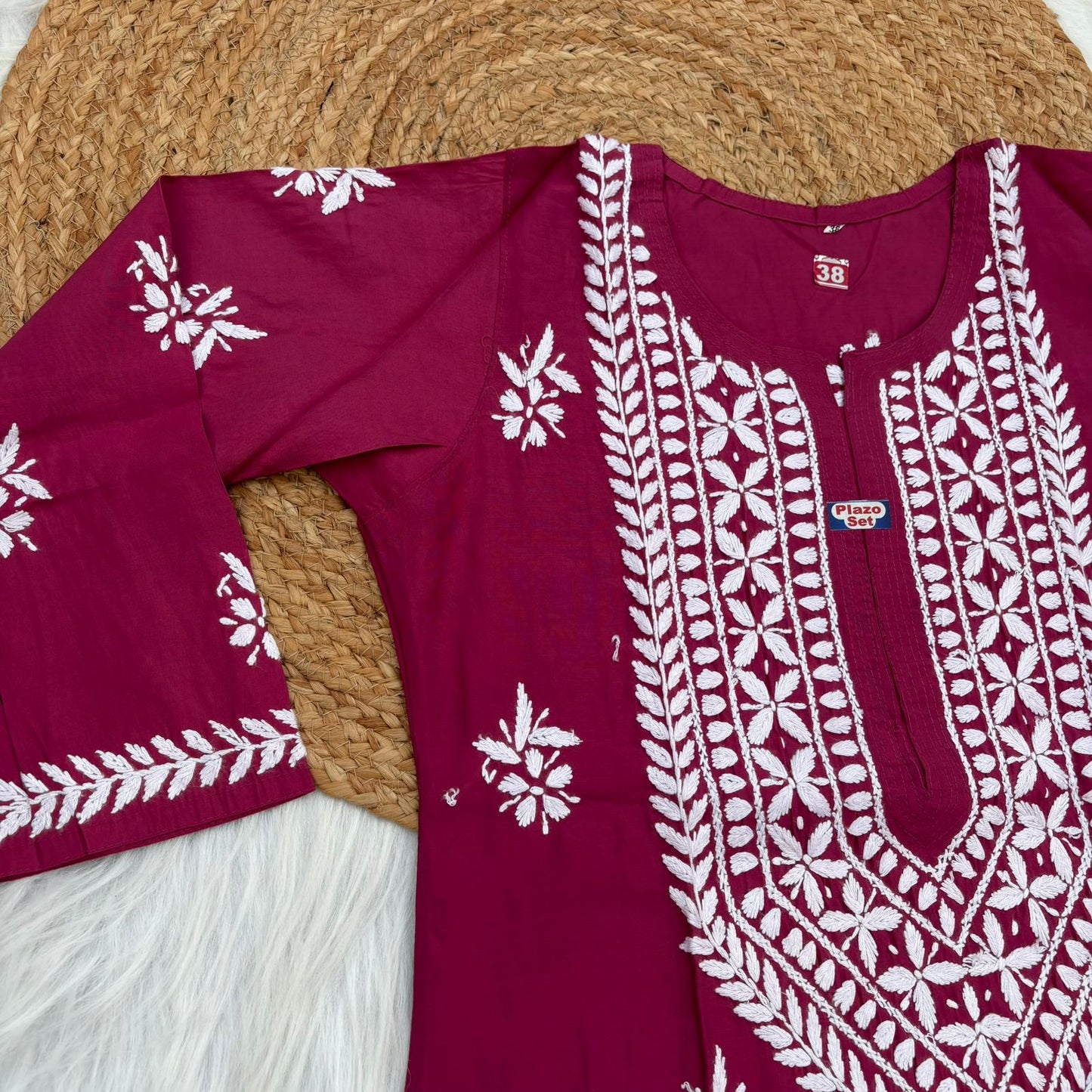 Afana Silk Chikankari Kurti Plazo set Rani Colour