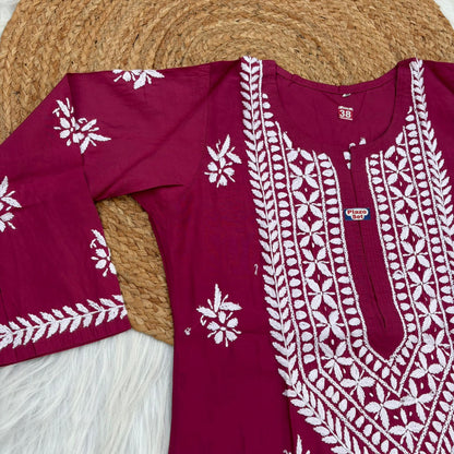 Afana Silk Chikankari Kurti Plazo set Rani Colour