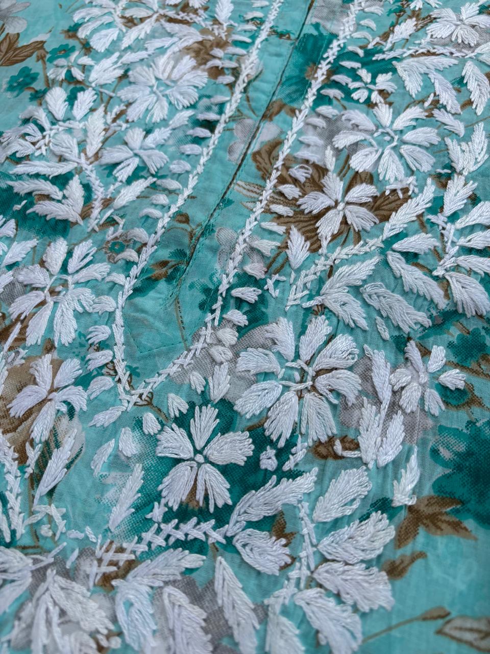 Alina Pure Mulmul Chikankari Handwork Kurti - Sea Green Colour