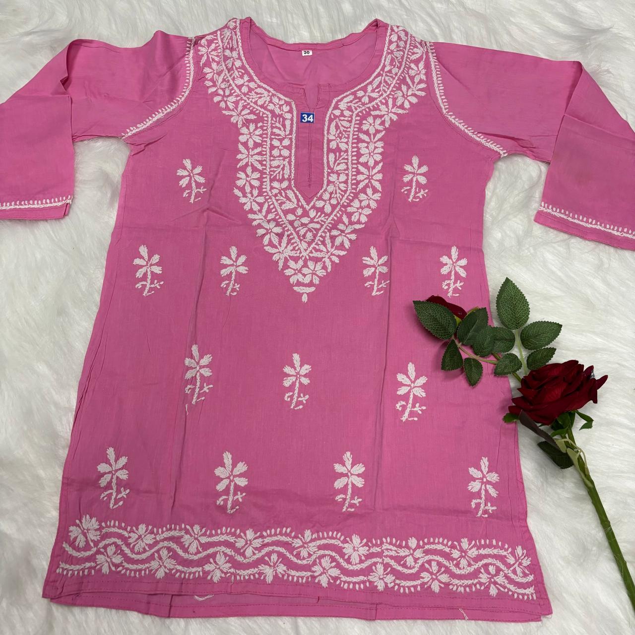 Ziya Pure Cotton Chikankari Short Top- Pink Colour