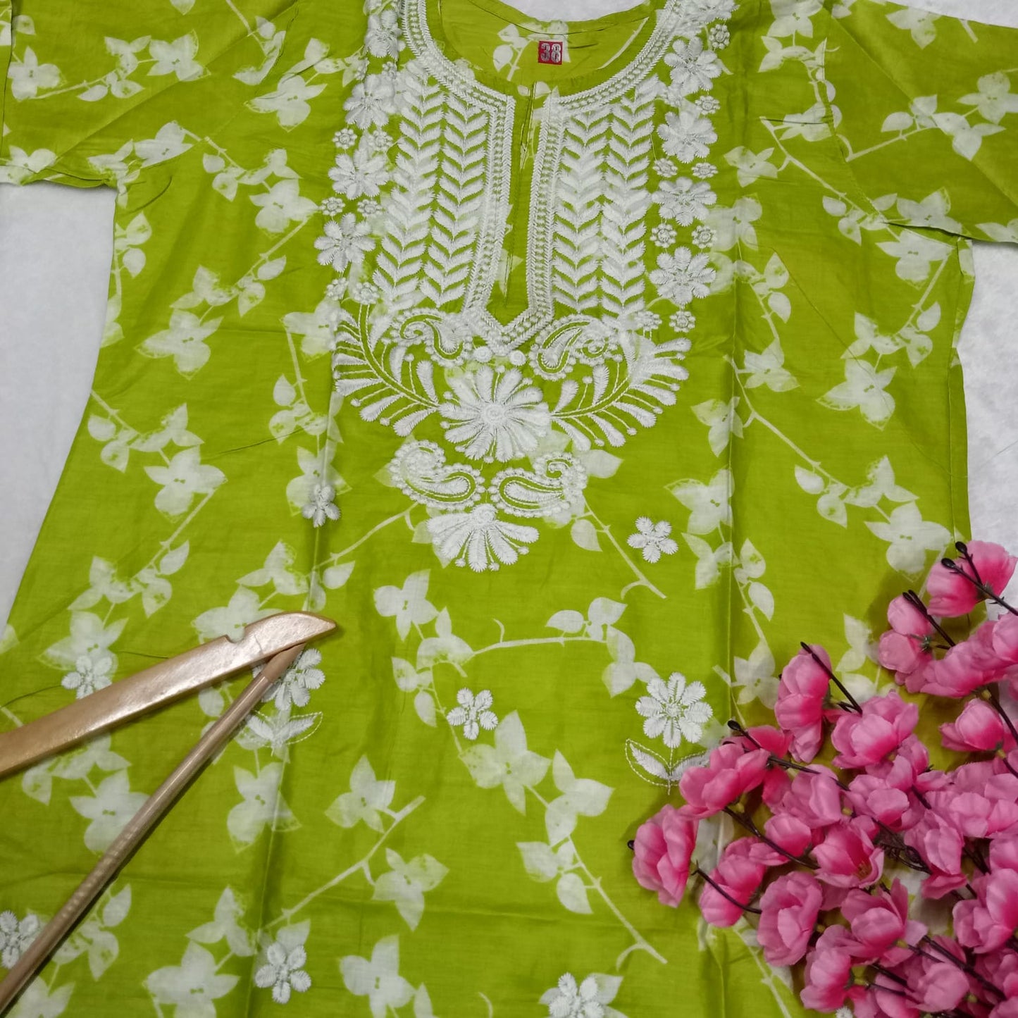 Mulmul Cotton Chikankari Machine Work Kurti - Parrot Green Colour