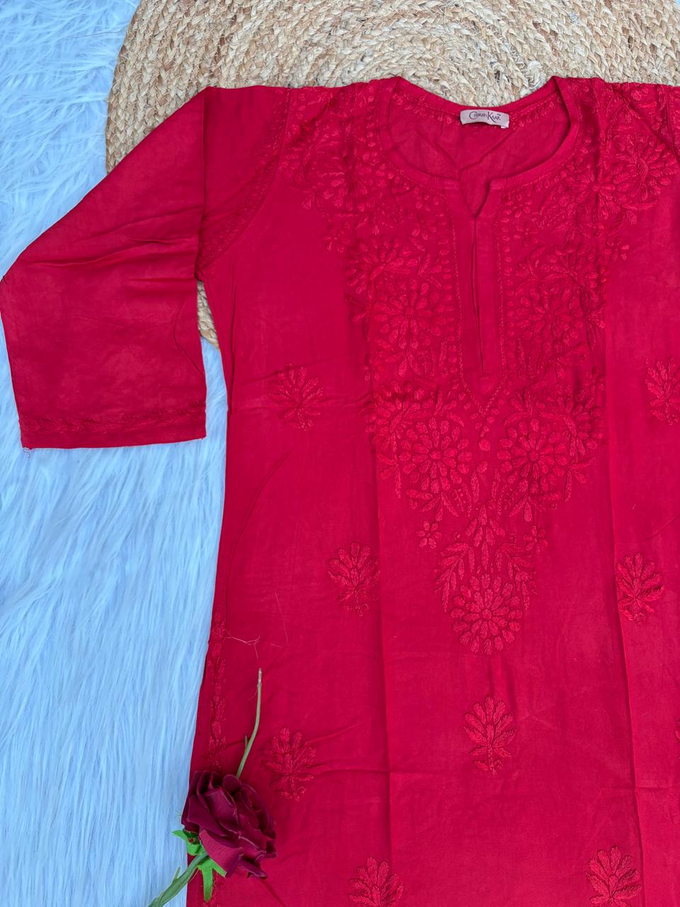 Rabab Dyeable Soft Rayon Handwork Chikankari Kurti -Red Colour