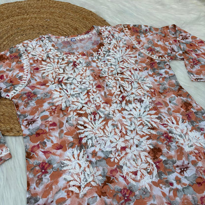 Yasmin Pure Mulmul Chikankari Handwork Kurti - Orange Colour
