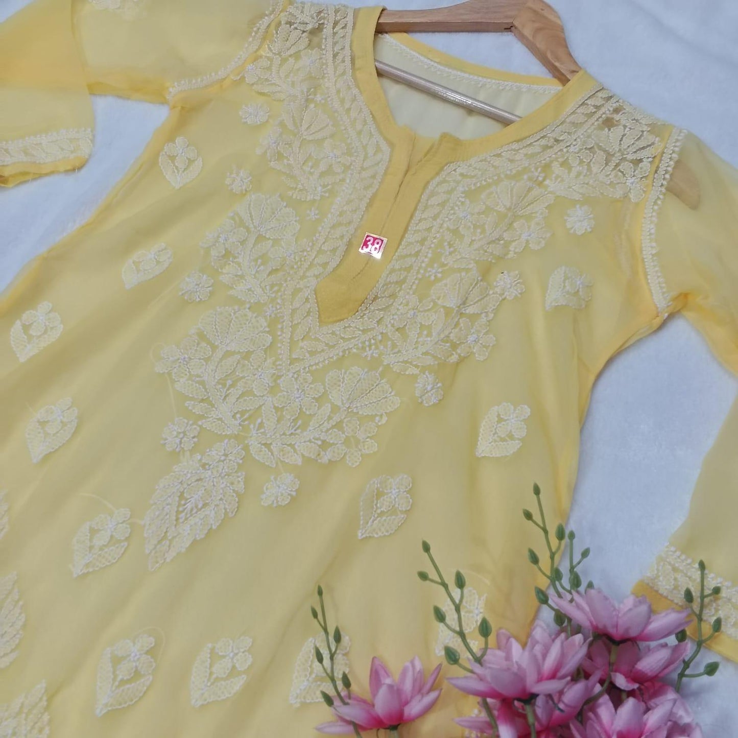 GRACEFUL GEORGETTE CHIKANKARI CROSS PANEL KURTI WITH INNER - YELLOW COLOUR - chikankaar