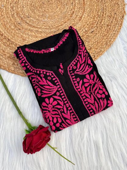 Shifa Soft Rayon Lucknowi Chikankari Kurti - Black Dark Pink Color