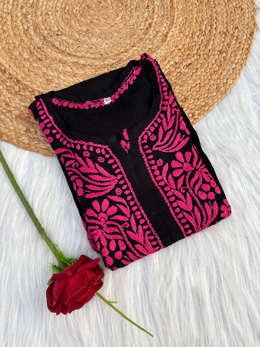 Shifa Soft Rayon Lucknowi Chikankari Kurti - Black Dark Pink Color